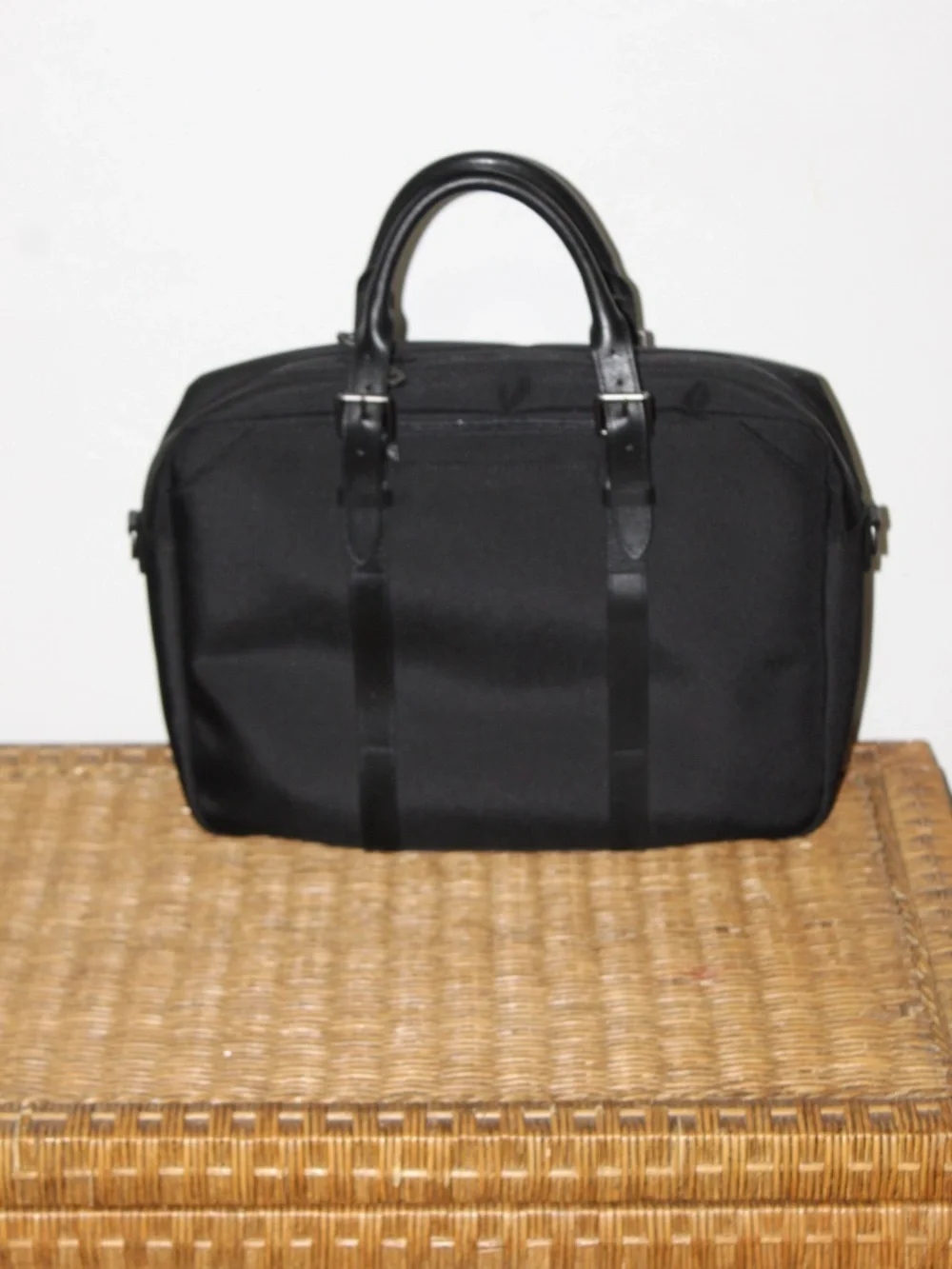 Stuart & Lau Cary briefcase in black with full-grain leather accents. Open Box
